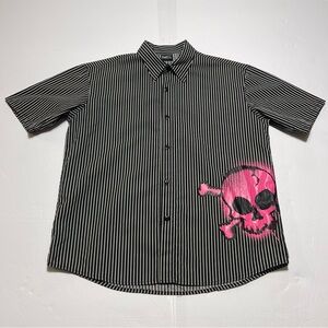 Rock Steady Stripe Shirt Men’s Size Large Pink Skull Grunge Goth Skater Y2K
